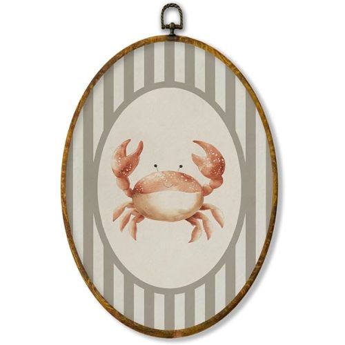 XPH Coastal Beach Crab Oval Wall Art Framed, Ocean Nursery Oval Wall Decor, Neutral Striped Ocean Crab Hanging Canvas Prints for Home Kids Nursery Room Bedroom Playroom Decoration, 8.6x11.4 Inch