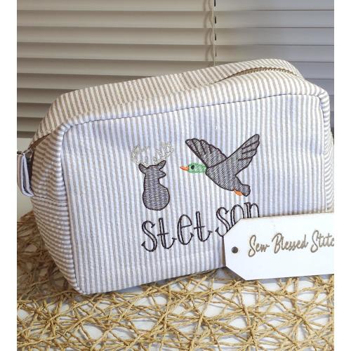 Personalized Seersucker Toiletry Bag: Embroidered Cosmetic Bag, Boy Birthday Gift