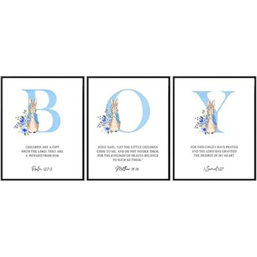 Religious Christian Baby Boy Room Decor - Baby Boy Nursery Decor - Boys Wall Art - Scripture Wall Art - Bible Verses Print - Baby Shower Gifts - Toddler Boys Bedroom - Blue Peter Rabbit
