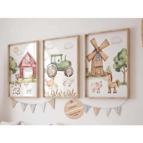 Watercolor Farm Nursery Prints, Farm Animals, Tractor, Barn Wall Art, Green Tractor Wall Deco, Barn Yard Animals