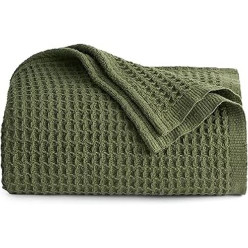 Bedsure Gentlesoft 100% Cotton Large Throw Blanket for Couch 50x70 inches - Breathable and Soft, Waffle Weave Throw Blanket for Office, Olive Green