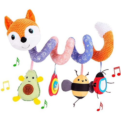 Car Seat Toys, Baby Plush Spiral Hanging Toys for Stroller Crib Bar Bassinet Car Seat Mobile with Music Box BB Squeaker Rattles- Orange Fox