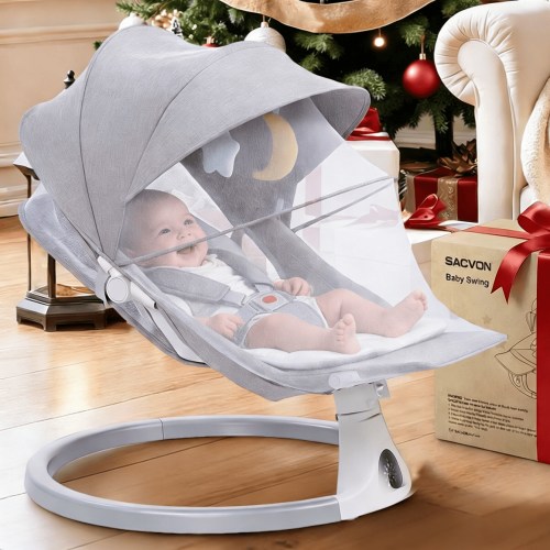 SACVON Portable Baby Swing, 5 Speed & Bluetooth Music, with Remote Control for Indoor Outdoor Use, for Infants 0-6 Months, Gray
