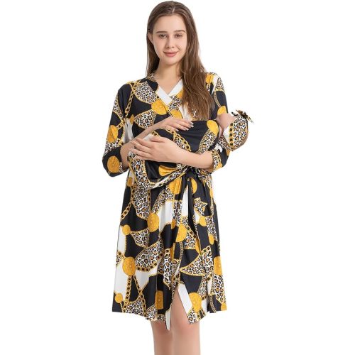 Galabloomer Maternity Robe and Baby Receiving Blanket, Matching Mommy Labor Delivery Robe and Swaddle Set Chain Leopard