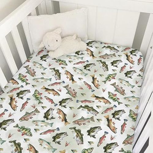 Neutral Fishing Baby Crib Sheets for Boys Vintage Bass Fishes Trout Soft Snug Fitted Crib Mattress Covers for 52''x28'' Standard Crib & Toddler Bed Mattress Outdoor Fishing Lovers Gift Baby Sheets