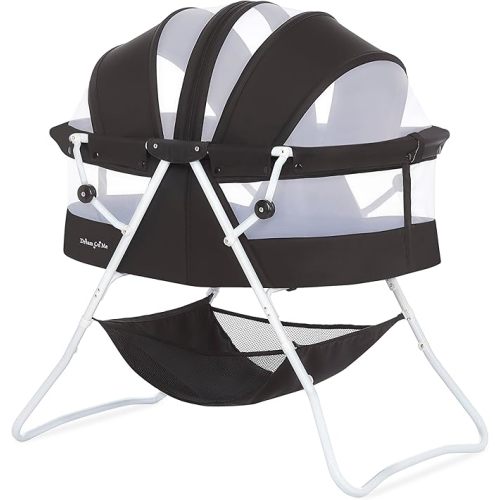 Dream On Me Karley Bassinet, Award Winner Lightweight Travel Baby Bassinet, Foldable Bedside Sleeper, Adjustable Double Canopy, Spacious Design, Soft Fabric, Storage Basket – Black