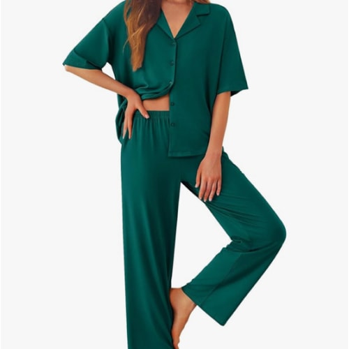 Ekouaer Women Pajamas Set Button Down Sleepwear Short Sleeve Pjs Soft Comfy Nightwear with Long Pants S-XXL