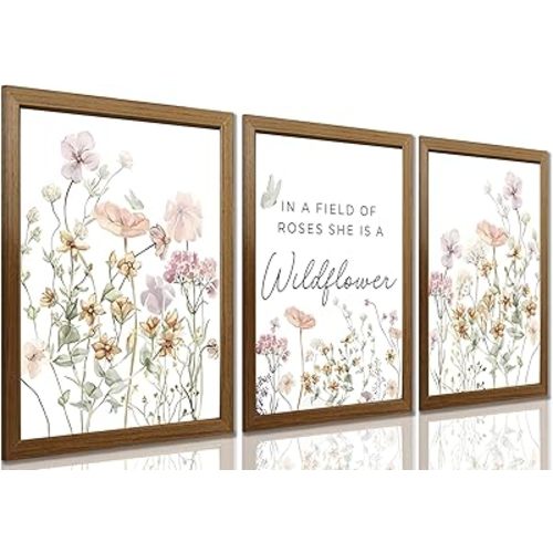 XCFMPUO 3-Piece Watercolor Wildflower Wall Art 16x12 Inch, Botanical Canvas Prints, Vintage Floral Pictures, Rustic Farmhouse Flower Paintings for Nursery, Bedroom, or Living Room Decor