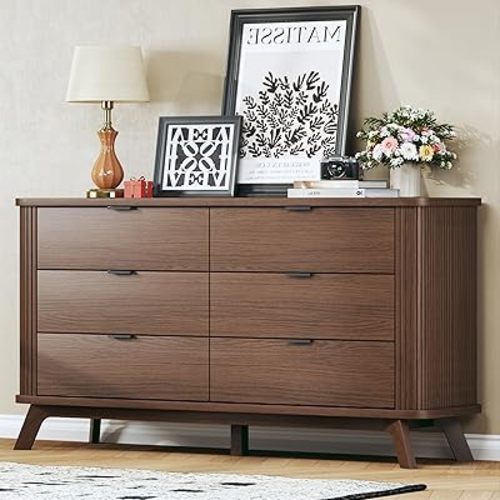 HUAHUU Fluted 6 Drawers Dresser for Bedroom, 55" Mid Century Modern Dresser & Chests of Drawers, Curved Profile Design, Dresser TV Stand, for Entryway, Hallway, Walnut