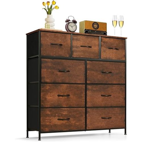 9-Drawer Dresser for Bedroom, Anti-Tip Tall Storage Organizer Chest of Drawers with Wooden Top and Metal Frame Fabric Bins for Closet, Living Room, Hallway, Entryway, Brown