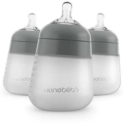 Nanobebe Flexy Silicone Baby Bottle, Anti-Colic, Natural Feel, Non-Collapsing Nipple, Non-Tip Stable Base, Easy to Clean, 3-Pack, Gray, 9oz