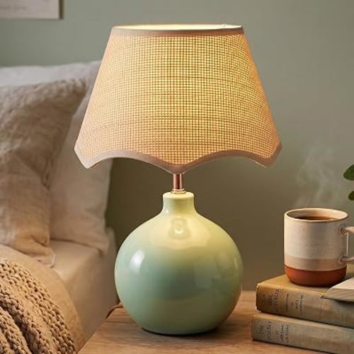 Green Ceramic Table Lamp with Woven Rattan Shade, 13 Inch Small Bedside Boho Table Lamp, Cute Mini Small Nightstand Lamps for Bedroom, Nursery, Living Room, Office, Counter