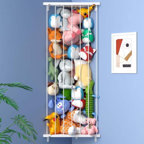 FOUKUS Adjustable Stuffed Animal Organizer - Corner Wall Storage for Nursery, Bedroom-White