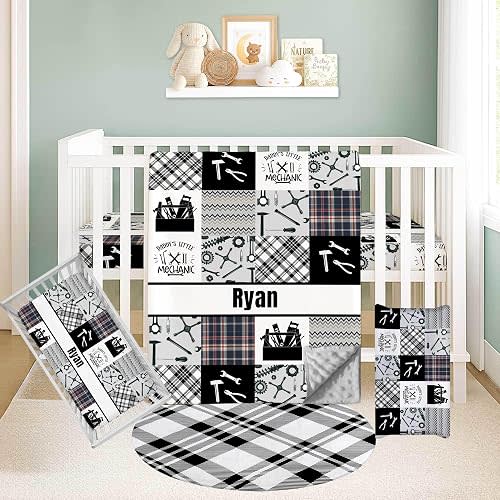 Personalized Baby Crib Bedding Set – Custom Name 3-Piece Nursery Set Including Blanket, Fitted Crib Sheet & Changing Pad Cover – Ideal Newborn Gift for Boys, Mechanic