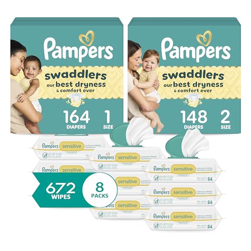 Pampers Baby Diapers and Wipes Starter Kit, Swaddlers Disposable Baby Diapers Sizes 1 (164 Count) & 2 (148 Count) with Sensitive Water Based Baby Wipes 8X Pack Pop-Top (672 Count)
