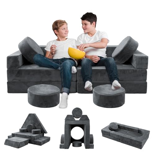 HOMFINE 16pcs Modular Kids Play Couch, Kids Toddler Couch, Child Sectional Sofa, Versatile Kid Sofa for Playroom Bedroom, Convertible Foam and Floor Cushion for Boys and Girls, Grey
