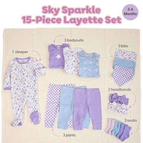 The Peanutshell Sky Sparkle 15-Piece Baby Girl Clothes Set, 3-6 Months