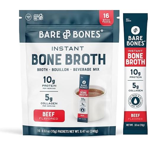 Bare Bones Beef Bone Broth Instant Powdered Mix Packets | 5g Collagen | 10g Protein | Keto & Paleo Friendly | No Artificial Flavors | Rich Savory on-the-go 16 Pack