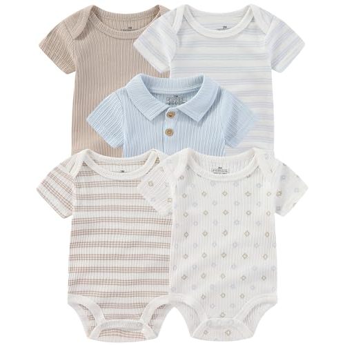 Baby Bodysuits Ribbed Mix Summer Newborn Boy Girl Clothes 5-pack | Multiple design bundled sets, basic sleeveless and short sleeved mix, suitable for wearing in warm weather