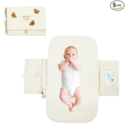 Portable Diaper Changing Pad, with, for Newborn Girl & Boy with Smart Wipes Pocket, Easy-Clean, Waterproof, Soft, Comfortable Foldable Baby Changing Pad (Bear)