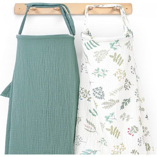 Muslin Nursing Cover for Breastfeeding, Privacy Breathable Breastfeeding Cover with Arch Neckline for Mom, 100% Cotton Nursing Apron, Floral and Green