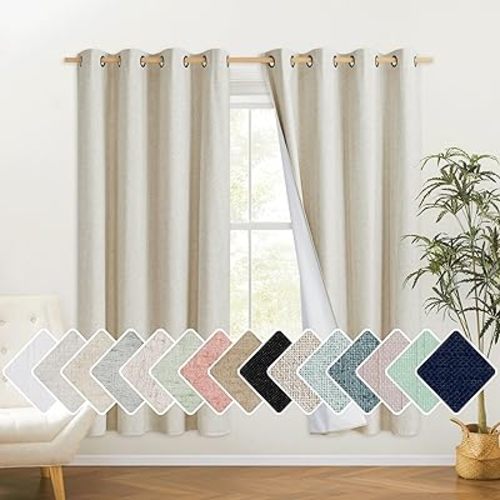 NICETOWN Natural Bedroom Full Blackout Linen Curtain Panels Set of 2, 52" by 72", Cold Reducing Thick Insulated Classic Grommet Blackout Draperies with White Thermal Insulated Liner for Windows
