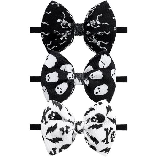 YanJie Halloween Baby Girl Headbands - Pumpkin & Ghost Printed Bows, Nylon, Toddler & Newborn Sizes