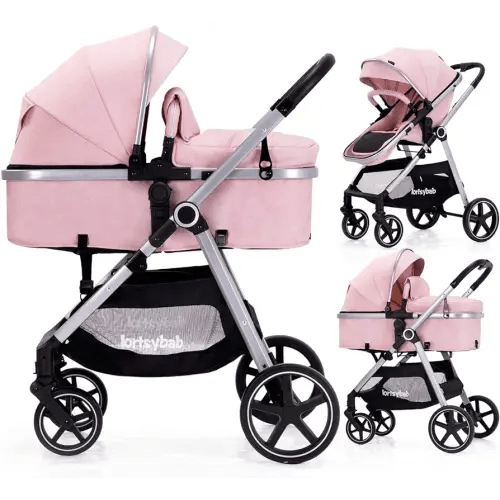 2-in-1 Baby Stroller - Folding Infant Newborn Pram Stroller with Reversible Seat - Toddler Strollers for 0-36 Months Old Babies (Pink)