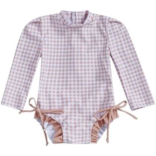 Yccutest Toddler Rash Guard One Piece Swimsuit Baby Girl Long Sleeve Ruffles Swimwear Zipper Bathing Suit Checkerboard Outfit