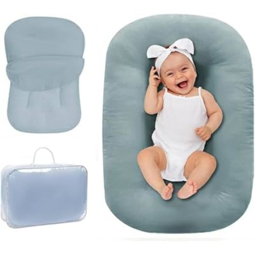 Baby Lounger 0-18 Months, Baby Lounger for Newborn, Soft Organic Cotton Breathable Lounger for Infants (Greyblue Baby Lounger)