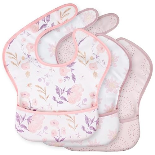 3-Pack Waterproof Baby Bibs for Eating - Mess Proof Lightweight Toddler Feeding Bibs with Large Food Catcher, Food-Grade Baby Eating Essentials, Easy to Put On & Clean(Light Pink Blossom)