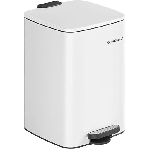 SONGMICS Kitchen Trash Can, 5.2-Gallon (20 L) Trash Bin, Stainless Steel Garbage Can, with Inner Bucket, Soft Close and Stays Open, Cloud White ULTB592W01