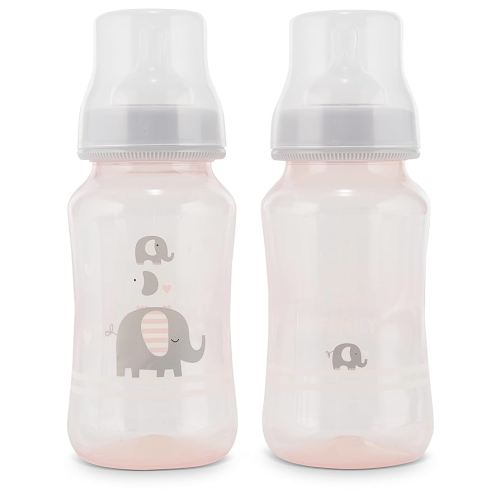 Premium 2-Pack Baby Bottles - 11 Ounce, Hourglass Shape, Fun Boys and Girls Prints, Clear Cover - BPA-Free