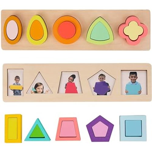 Adena Montessori Colorful Multiple Shape Puzzles Toys for 6-12 Months 1 Year Old Toddler Babies First Shapes Geometric Jumbo Knob Wooden Puzzle Color Sorter (10 Pieces)