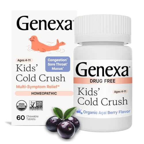 Genexa Kids Cold Crush | Multi-Symptom Cough & Cold, Sore Throat, Congestion Relief for Children | Acai Berry Flavor | Organic & Non-GMO | Homeopathic Remedy Made Clean | 60 Chewable Tablets Age 4-11​