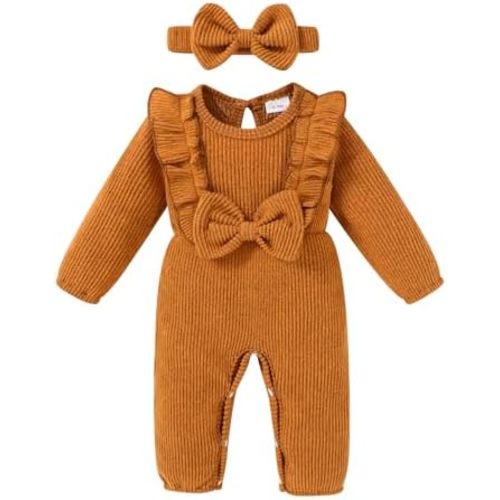 Happy Town Baby Girl Romper Infant Fall Winter Clothes Ruffle Sweater Long Sleeve Bodysuit Jumpsuit and Headband