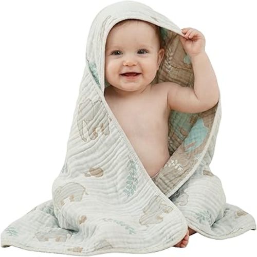 Muslin Baby Beach Bath Towel Hooded Organic Cotton Blend (Elephant)