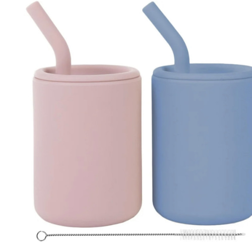 WeeSprout Silicone Baby Cups With Straws and Lids, 4 oz, Set of 2 - Matte Pink, Matte Blue