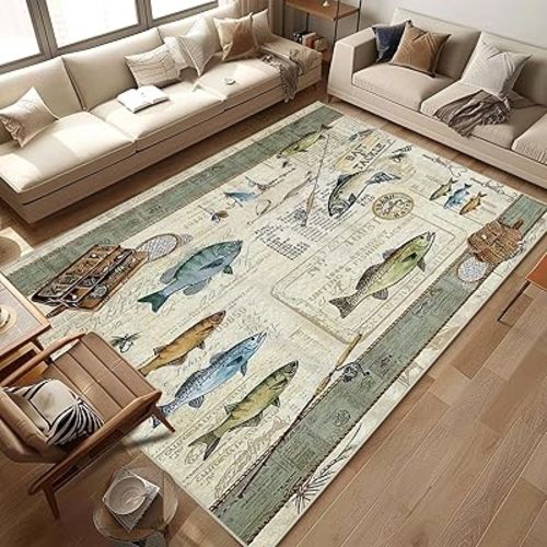 Fishing Area Rug 5x7 ft for Living Room Non-Slip Funny Bedroom Rug Washable Indoor Carpet for Dining Room Entryway Office Large Low-Plie Kitchen Rug Nursery Kids Room Rug