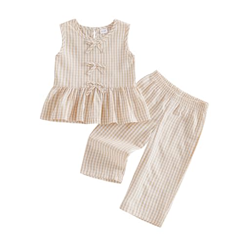 Kupretty Toddler Girl Clothes Ruffle Sleeveless Shirt Pants Set | 1T 2T 3T 4T 5T Girls Clothing Set Baby Summer Outfits Gingham Sleeveless Shirt Tank Tops Pants