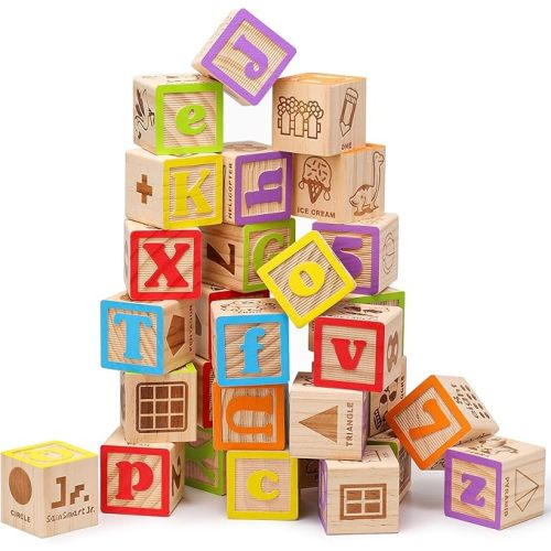 SainSmart Jr. Wooden ABC Blocks 40PCS Stacking Blocks Baby Alphabet Letters, Counting, Building Block Set for Toddlers 1.2 Inch