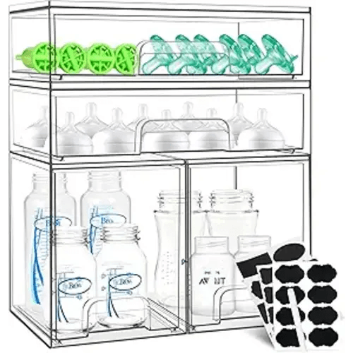 Baby Bottle Organizer, 4 Pack Stackable Storage Drawers with Labels, Clear Station Organizers Container for Pacifiers, Pump Parts, Desk Organizer Bins for Bathroom, Cabinet, Pantry, Vanity, Countertop