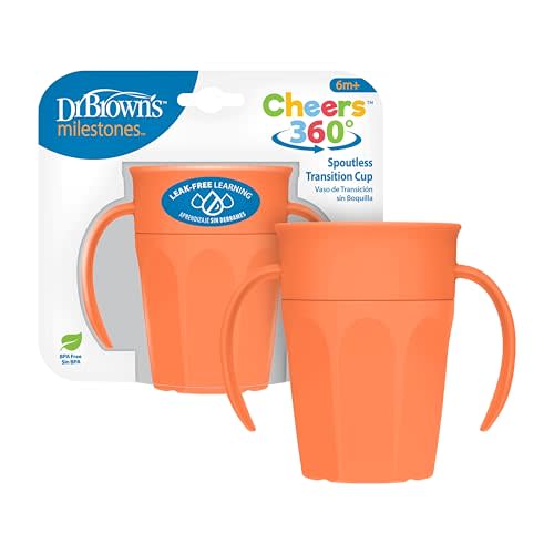 Dr. Brown's Milestones Cheers 360 Spoutless Transition Cup with Handles, Travel Friendly and Leak Free Sippy for Babies and Toddlers, Coral, BPA-Free, 7 oz/200 mL, 6m+