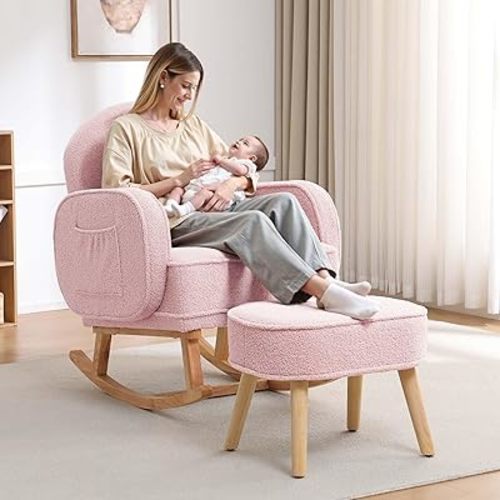 Rocking Chair Nursery with Ottoman, Upholstered Glider Rocker with High Backrest and Side Pocket, Rocking Accent Armchair with Solid Wood Legs for Nursery/Living Room/Bedroom Pink