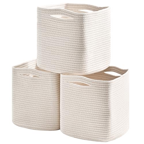 11 Inch Cube Storage Bins, Woven Cotton Rope Basket Off White | 11x11 Square Baskets for Cube Organizer, Shelves, Toys, Towels, Clothes, Living Room Bathroom Nursery Bedroom