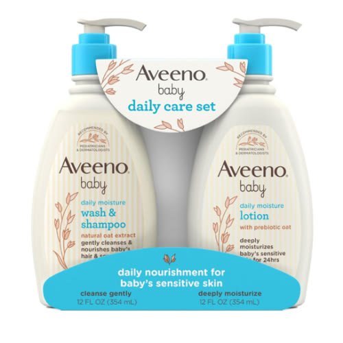 Aveeno Baby Daily Care Gift Set with Oat Extract & Prebiotic Oat, Contains Daily Moisturizing Body Lotion & Gentle 2-in-1 Baby Bath Wash & Shampoo, Hypoallergenic & Paraben-Free, Two Pack