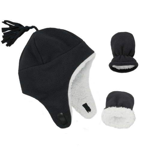 American Trends Baby Boy Winter Hat and Mitten Set Baby Girl Hats Toddler Winter Hat Sherpa Lined Fleece Earflap Beanie for Girls Boys Black L