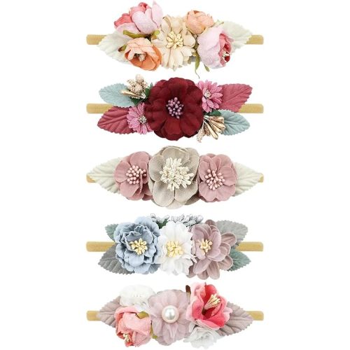 Cinaci 5 Pack Delicate Floral Flower Nylon Headbands Hair Bands Accessories for Baby Girls Newborns Infants Toddlers Kids (5 Pack S1)