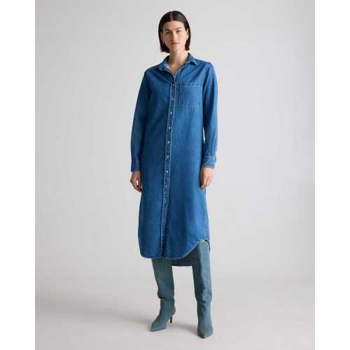 Distressed Denim Maxi Shirt Dress in Medium Indigo