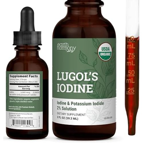 Organic Lugol's Iodine Liquid Drops Supplement - 2% Thyroid Non-GMO 2 Oz